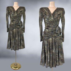 VINTAGE 80s Leopard Print Avant-Garde Draped Party Dress Size 5/6